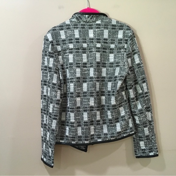 NWT Calvin Klein Black & White Tweed Open-Front Jacket with Faux Leather Trim S - Picture 3 of 7